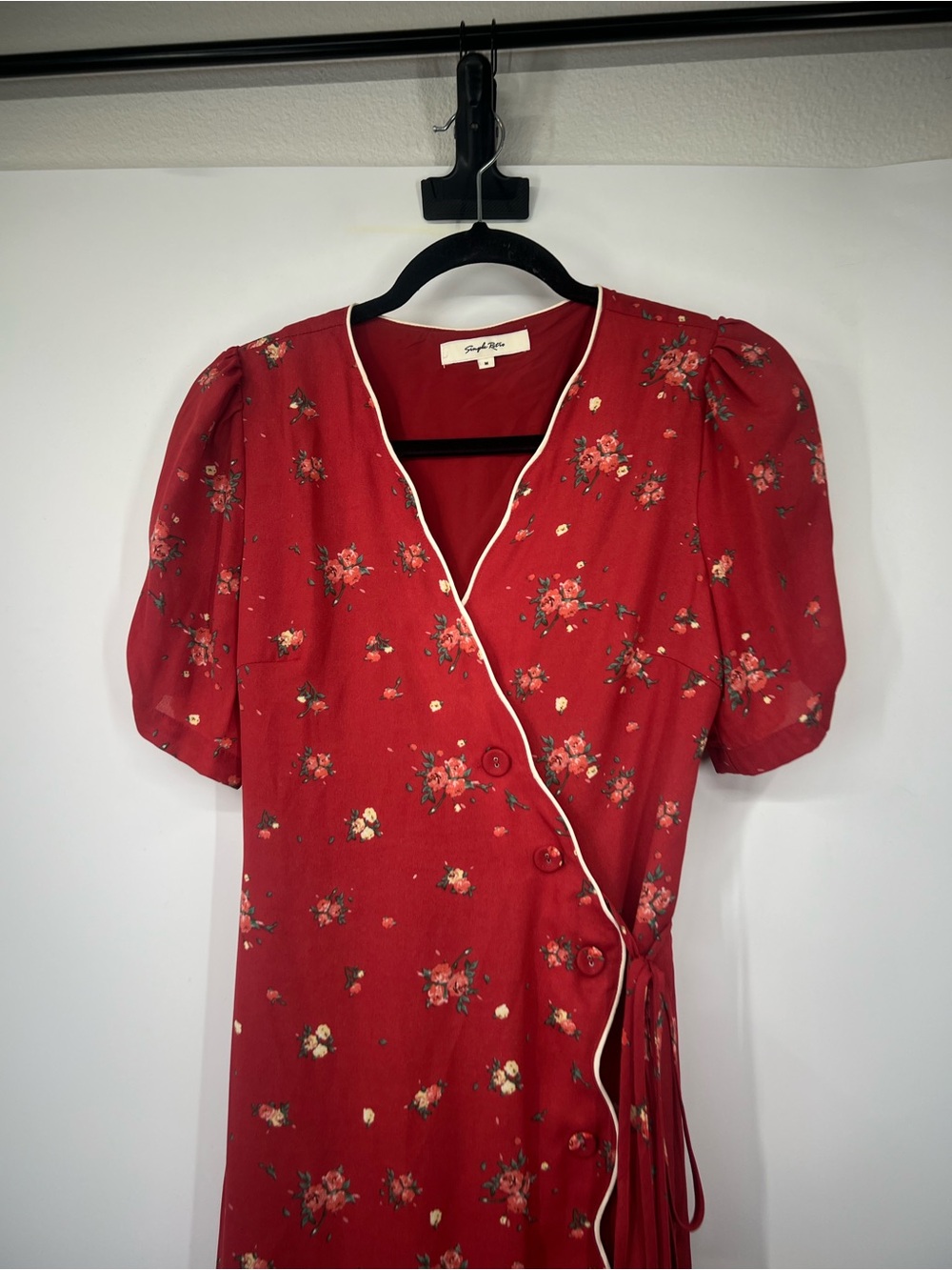 Simple Retro Kimura Floral Print Wrap Midi Dress Red - Picture 3 of 9